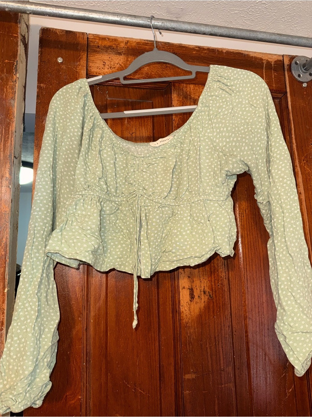 La Hearts Sage Green Peplum Long-Sleeve Crop Top